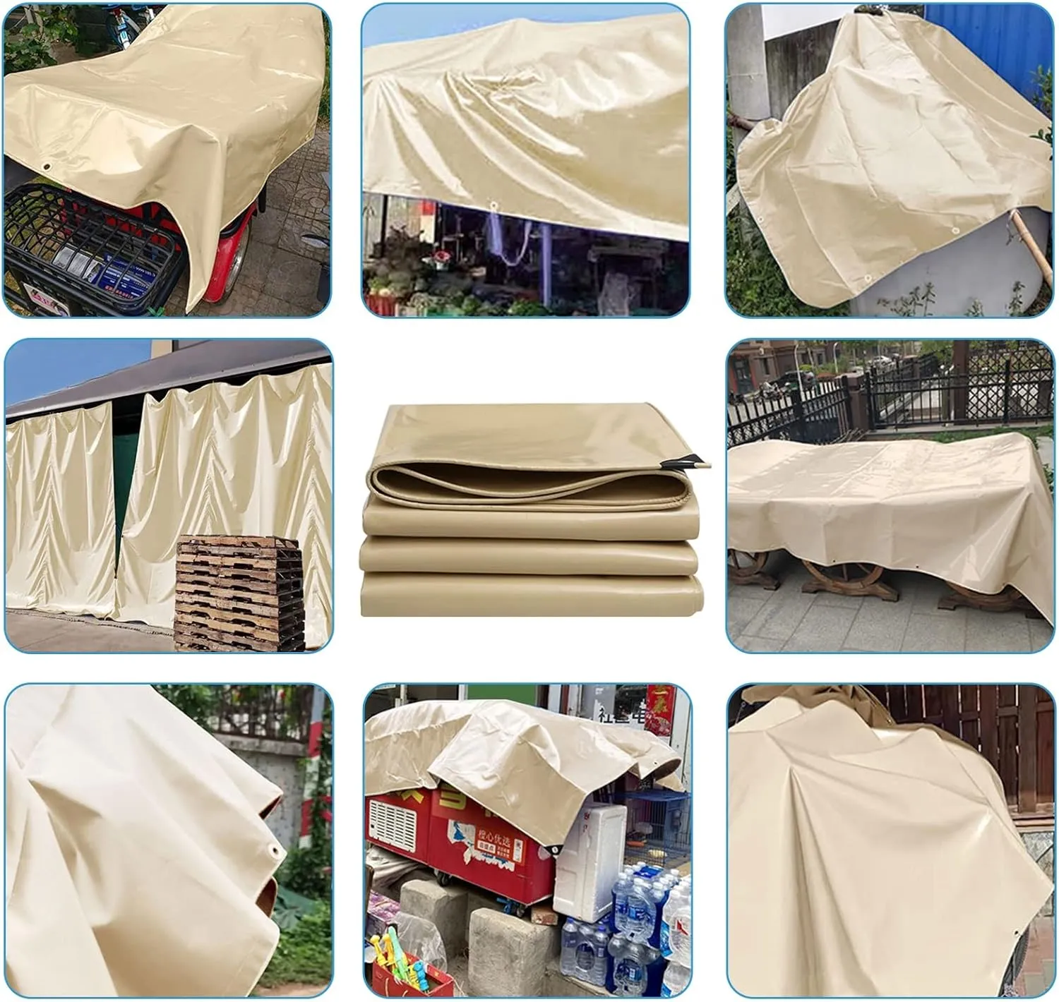 1.5x6m/2x2m/2x3m/3x6m Tarpaulin Heavy Duty 500g/㎡ Waterproof Tarp Large Ground Camping Sheet with Sturdy Eyelets for Outdoor Furniture Caravan Car Cover, Beige(1x4m)