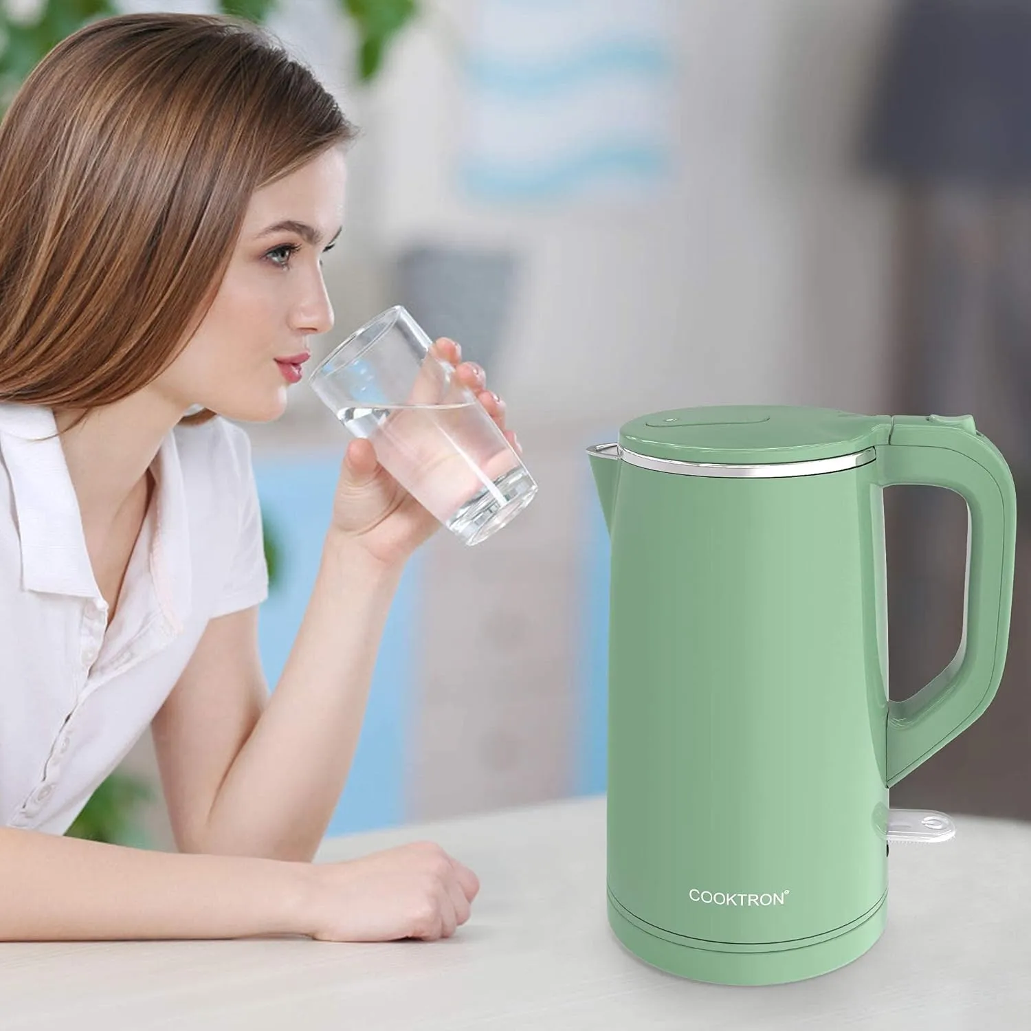1.7L Electric Kettle Quiet, Double Wall Hot Water Boiler BPA-Free, Quiet Boil and Cool Touch Tea Kettle, Cordless with Auto Shut-Off & Boil Dry Protection, 1500W Fast Boiling, Green