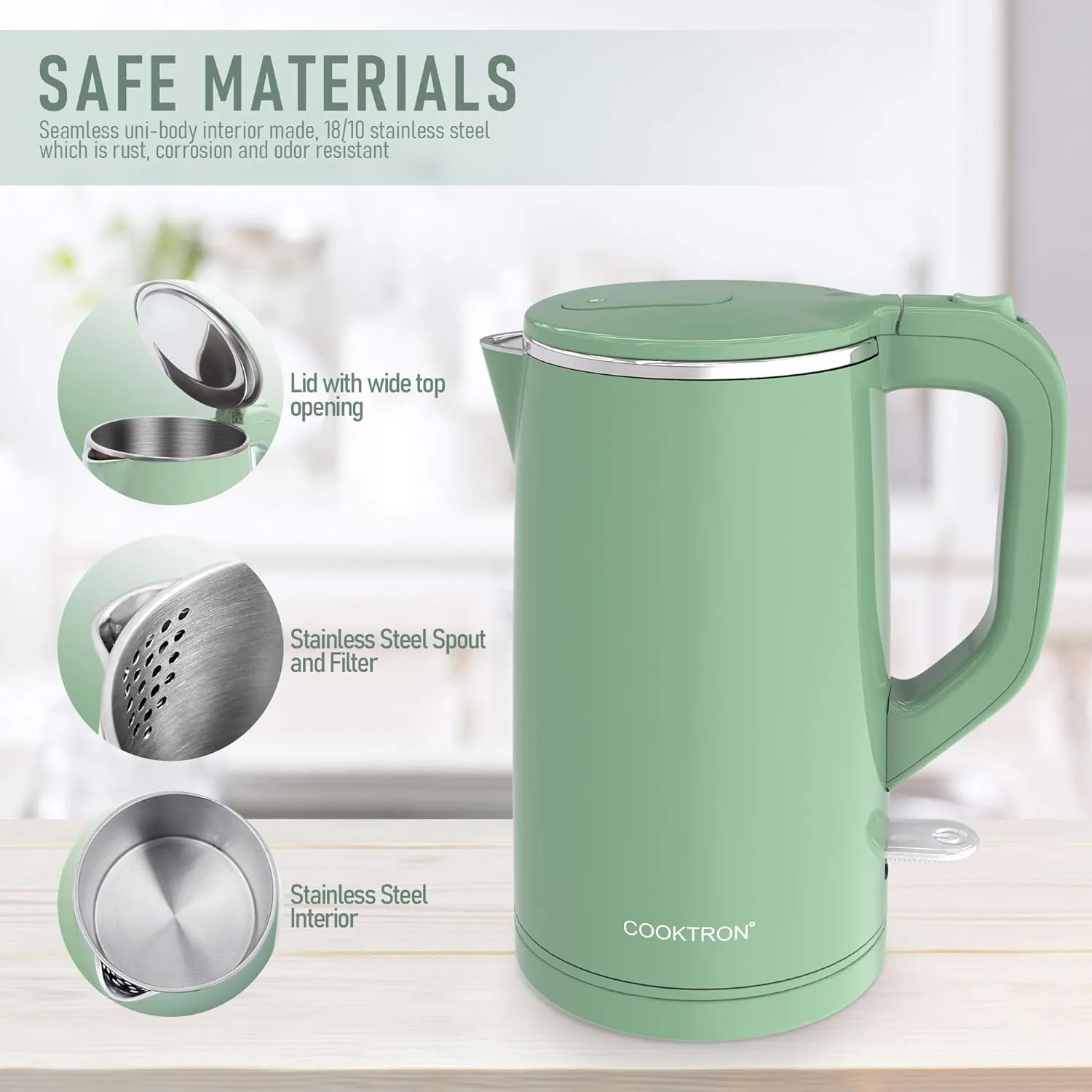1.7L Electric Kettle Quiet, Double Wall Hot Water Boiler BPA-Free, Quiet Boil and Cool Touch Tea Kettle, Cordless with Auto Shut-Off & Boil Dry Protection, 1500W Fast Boiling, Green