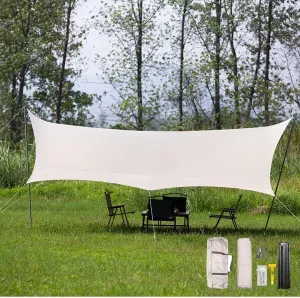 18 × 15 Ft Large Camping Tent Tarp Outdoor Waterproof Retardant Rain Fly Backpacking Tent Tarp Shelter for Hiking Travel Picnic with Poles(Rice-White,220x173x102inch)