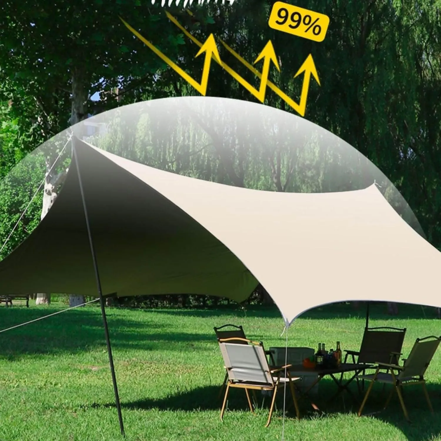18 × 15 Ft Large Camping Tent Tarp Outdoor Waterproof Retardant Rain Fly Backpacking Tent Tarp Shelter for Hiking Travel Picnic with Poles(Rice-White,220x173x102inch)