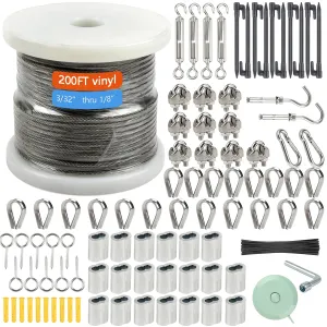 1/8" Wire Rope Kit，Steel Wire Cable，200FT Turnbuckles for Cables Wire，Vinyl Coated Stainless Steel Cable Wire for Outdoor,Garden,Kitchen,Craft with Turnbuckle