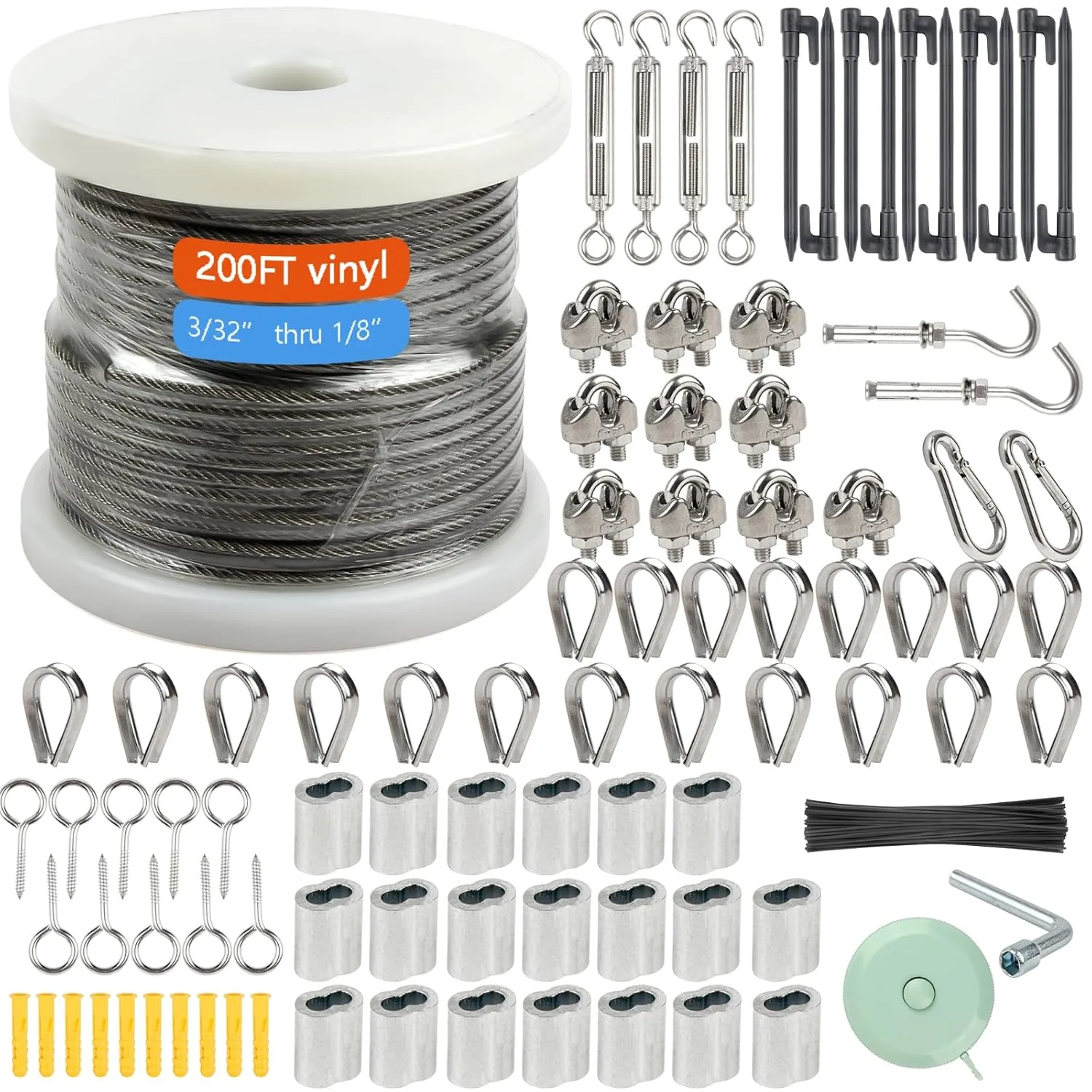 1/8" Wire Rope Kit，Steel Wire Cable，200FT Turnbuckles for Cables Wire，Vinyl Coated Stainless Steel Cable Wire for Outdoor,Garden,Kitchen,Craft with Turnbuckle
