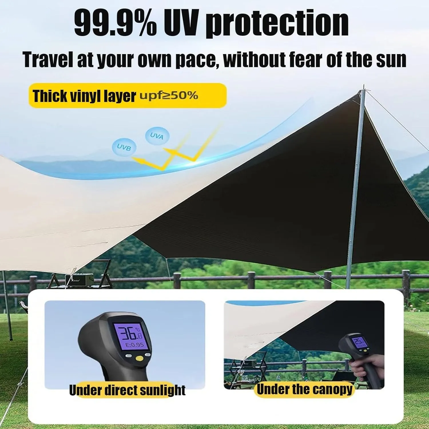 18X14ft Tarp with 3 Poles, Waterproof Camping Tarp Awning, Picnic Tent Rain Fly Sun Shelter for Hiking, Backpacking(Rice-White,220x173x102inch)