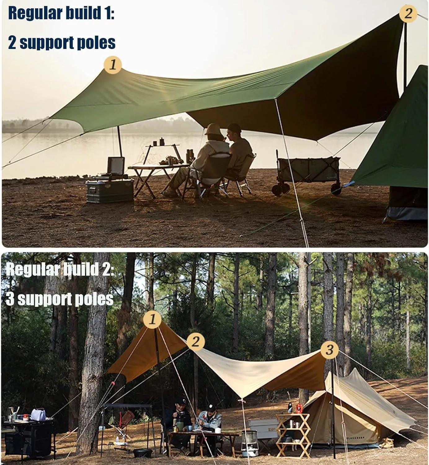 18X14ft Tarp with 3 Poles, Waterproof Camping Tarp Awning, Picnic Tent Rain Fly Sun Shelter for Hiking, Backpacking(Rice-White,220x173x102inch)