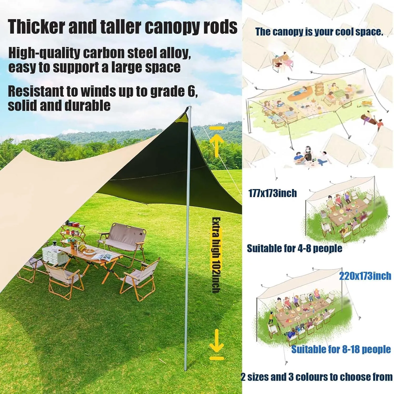 18X14ft Tarp with 3 Poles, Waterproof Camping Tarp Awning, Picnic Tent Rain Fly Sun Shelter for Hiking, Backpacking(Rice-White,220x173x102inch)