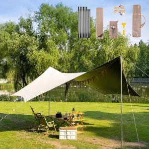 18X14ft Tarp with 3 Poles, Waterproof Camping Tarp Awning, Picnic Tent Rain Fly Sun Shelter for Hiking, Backpacking(Rice-White,220x173x102inch)