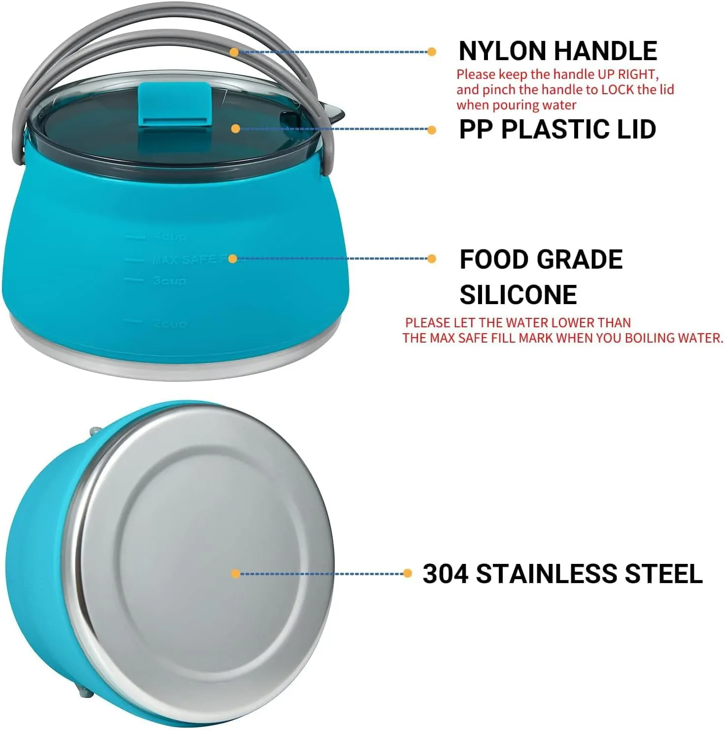 1L Collapsible Camping Kettle, Portable Travel Kettle Folding Silicone Camping Cook Pot Foldable Compact Hiking Water Boiler and Warmer,Black