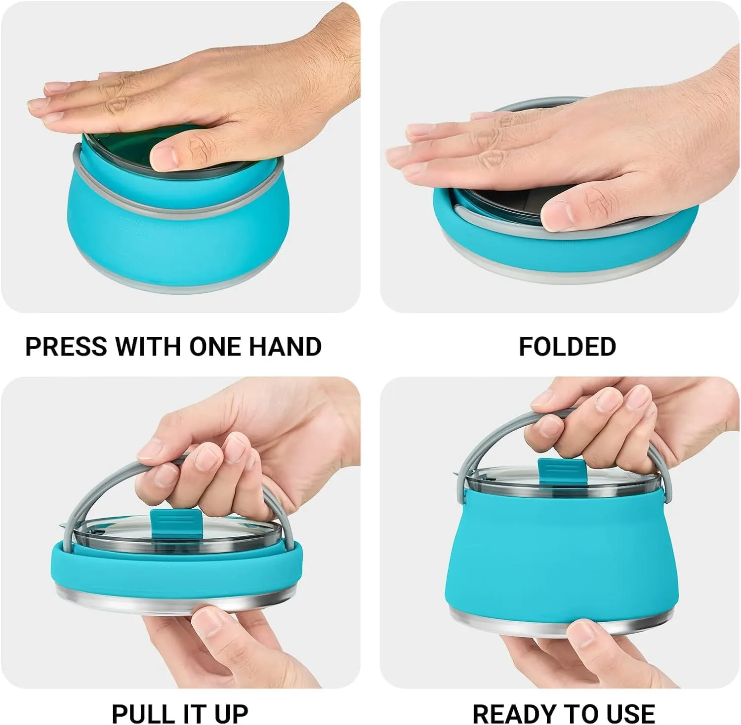 1L Collapsible Camping Kettle, Portable Travel Kettle Folding Silicone Camping Cook Pot Foldable Compact Hiking Water Boiler and Warmer,Blue