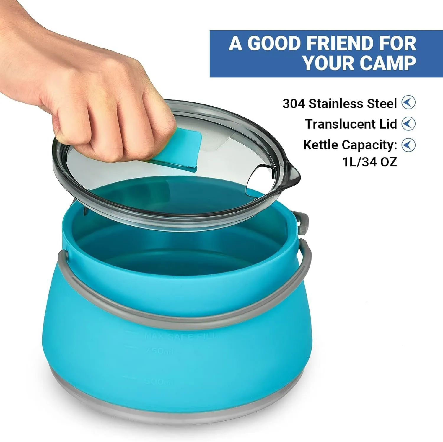 1L Collapsible Camping Kettle, Portable Travel Kettle Folding Silicone Camping Cook Pot Foldable Compact Hiking Water Boiler and Warmer,Blue