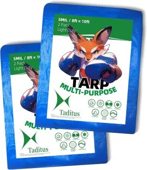 2 in a Pack, 8x10 Feet, 5 Mil Thick, Cheap Blue Taditus Poly Tarps, Budget-Friendly, Waterproof Multipurpose Protective Cover for Home, Boat, Car, Camping