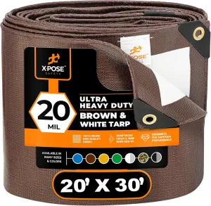 20' x 30' Brown/White Ultra Heavy Duty Tarp - 20 Mil Tarps Heavy Duty Waterproof 20x30 - Extra Large Outdoor Tarp, Waterproof Tarp Cover for Rain Camping, Tent Tarp, UV Protection, Reinforced Corners
