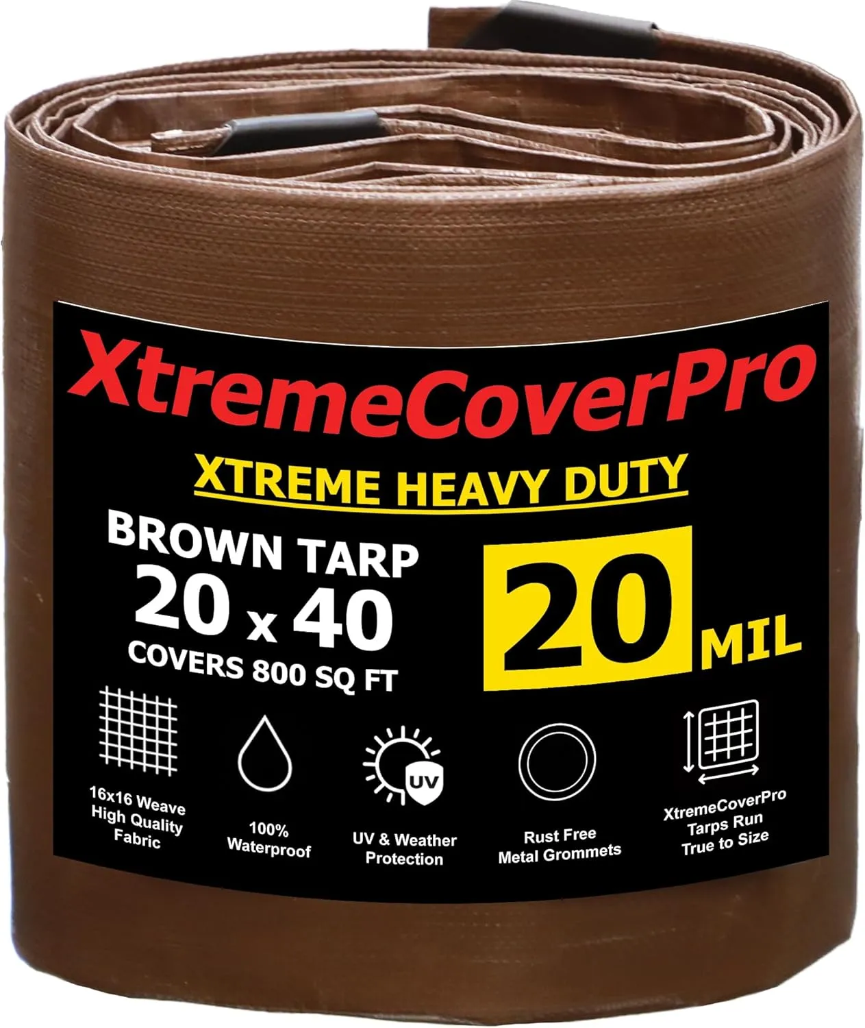 20' x 40' Brown Super Ultra Heavy-Duty Tarp – 20 Mil Waterproof & UV-Resistant 20x40 - Large Outdoor Tarp, Waterproof Cover for Rain Camping, Tent, UV Protection, Reinforced Corners