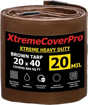 20' x 40' Brown Super Ultra Heavy-Duty Tarp – 20 Mil Waterproof & UV-Resistant 20x40 - Large Outdoor Tarp, Waterproof Cover for Rain Camping, Tent, UV Protection, Reinforced Corners