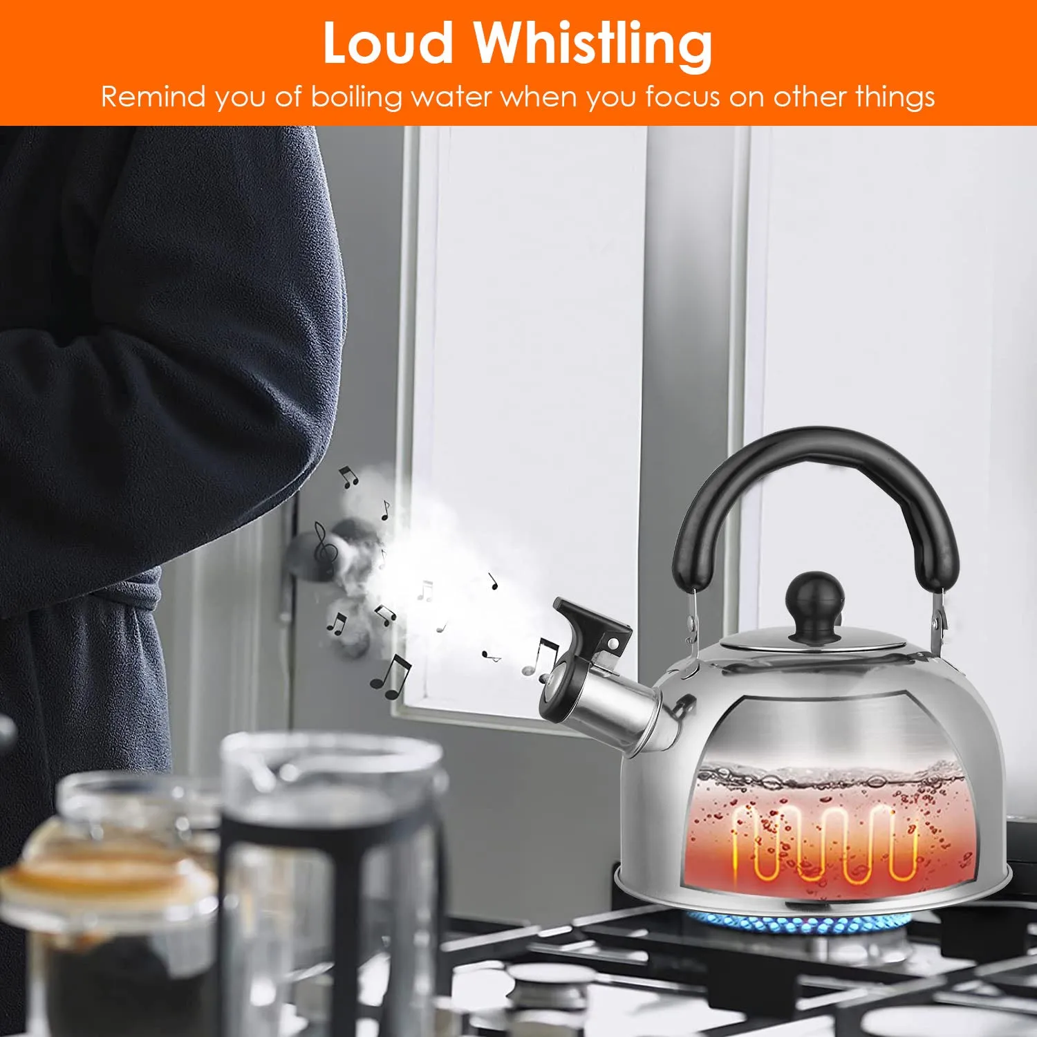 2.1 Quarts Stainless Steel Whistling Tea Kettle Stovetop Induction Gas Teapot