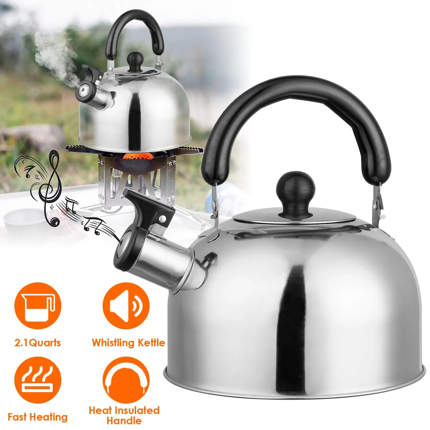 2.1 Quarts Stainless Steel Whistling Tea Kettle Stovetop Induction Gas Teapot