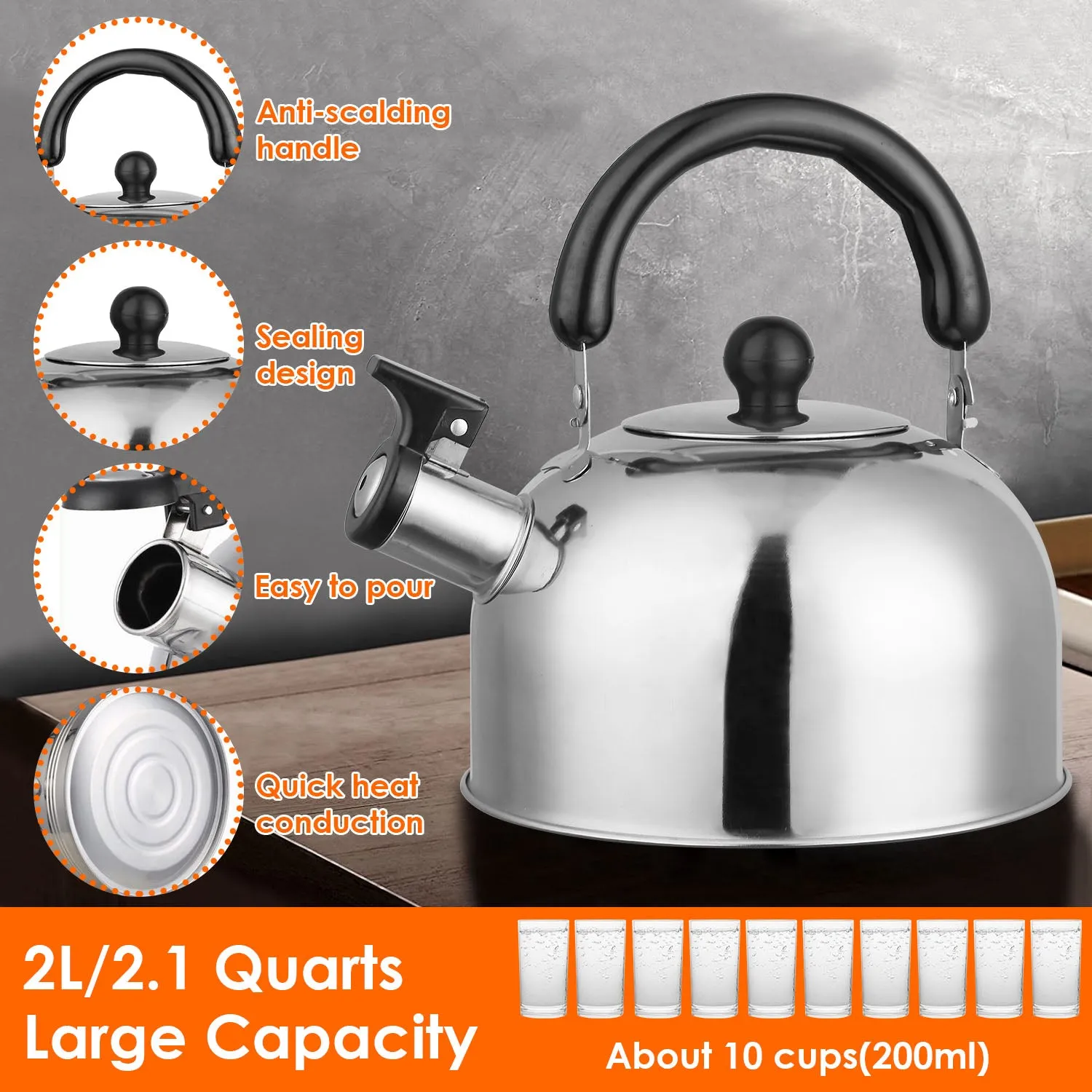 2.1 Quarts Stainless Steel Whistling Tea Kettle Stovetop Induction Gas Teapot
