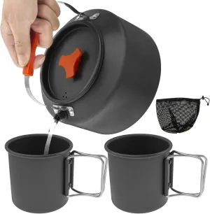 2.5L Camping Kettle Heat Evenly Camp Kettle with 2 Cups Sturdy Rustproof Camping Coffee Pot Lightweight Portable Camping Kettle for Outdoor Camping Hiking Picnic