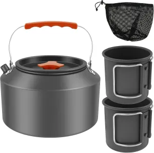 2.5L Camping Kettle Set, Camp Tea Coffee Pot with 2 Foldable Handles Cups, Portable Camping Kettle Pot for Outdoor Camping Hiking Picnic and Backpacking