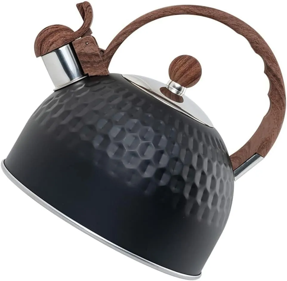 2.5L Chirping Kettle Whistling Teapot, Stainless Steel Camping Tea Kettle for Stovetop, Induction, Gas & Electric Cookers, Ergonomic Wooden Handle