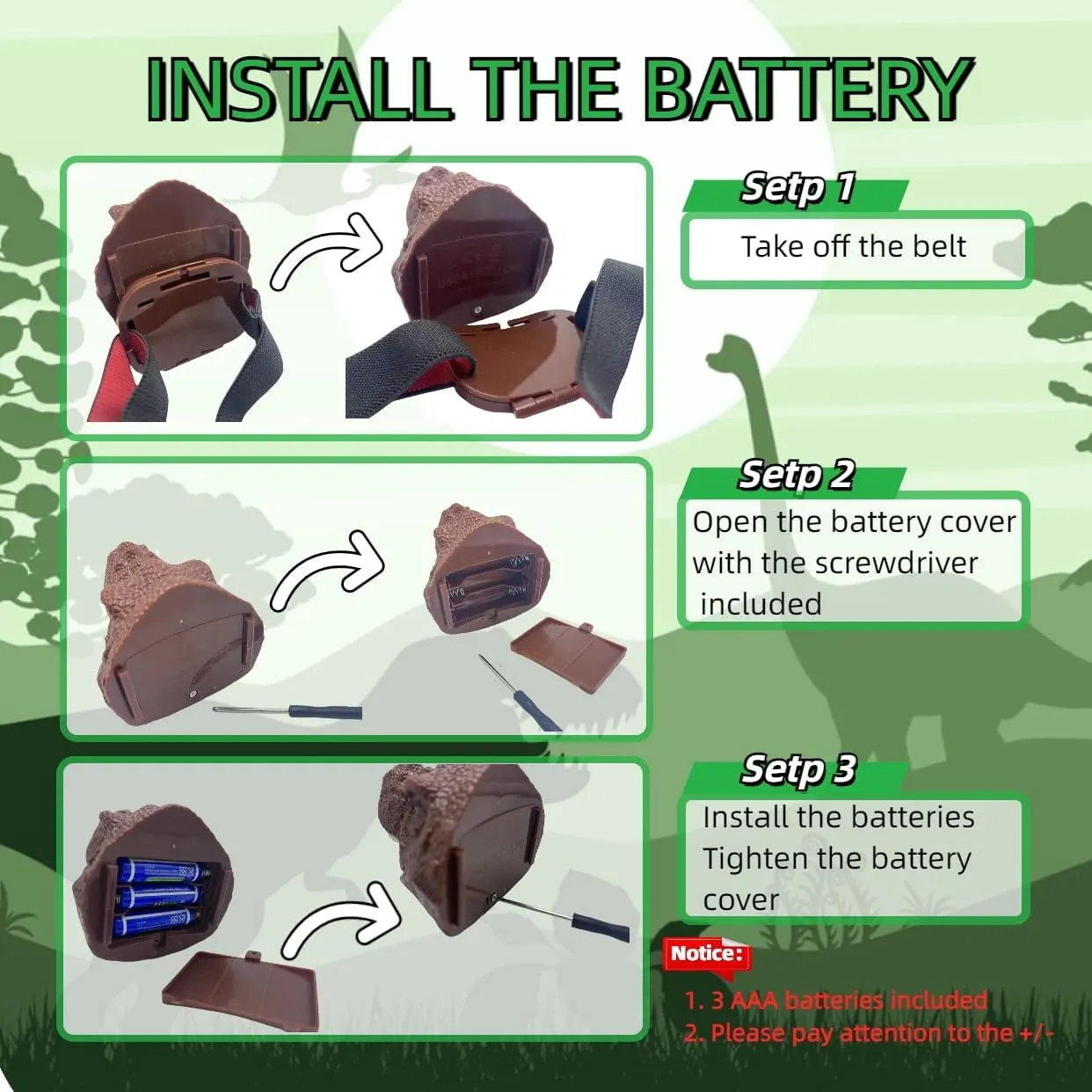 2PCS Dinosaur Headlamp Flashlight Outdoor Camping Gear LED Reading Headlamp, Hiking Headlight for Kids or Adults, Ideal Toy Gift for Birthday, Chirstmas, 6 AAA battery Included (Green Brown)