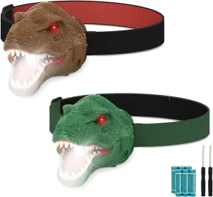 2PCS Dinosaur Headlamp Flashlight Outdoor Camping Gear LED Reading Headlamp, Hiking Headlight for Kids or Adults, Ideal Toy Gift for Birthday, Chirstmas, 6 AAA battery Included (Green Brown)