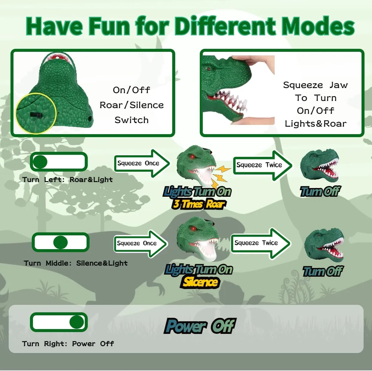 2PCS Dinosaur Headlamp Flashlight Outdoor Camping Gear LED Reading Headlamp, Hiking Headlight for Kids or Adults, Ideal Toy Gift for Birthday, Chirstmas, 6 AAA battery Included (Green Brown)