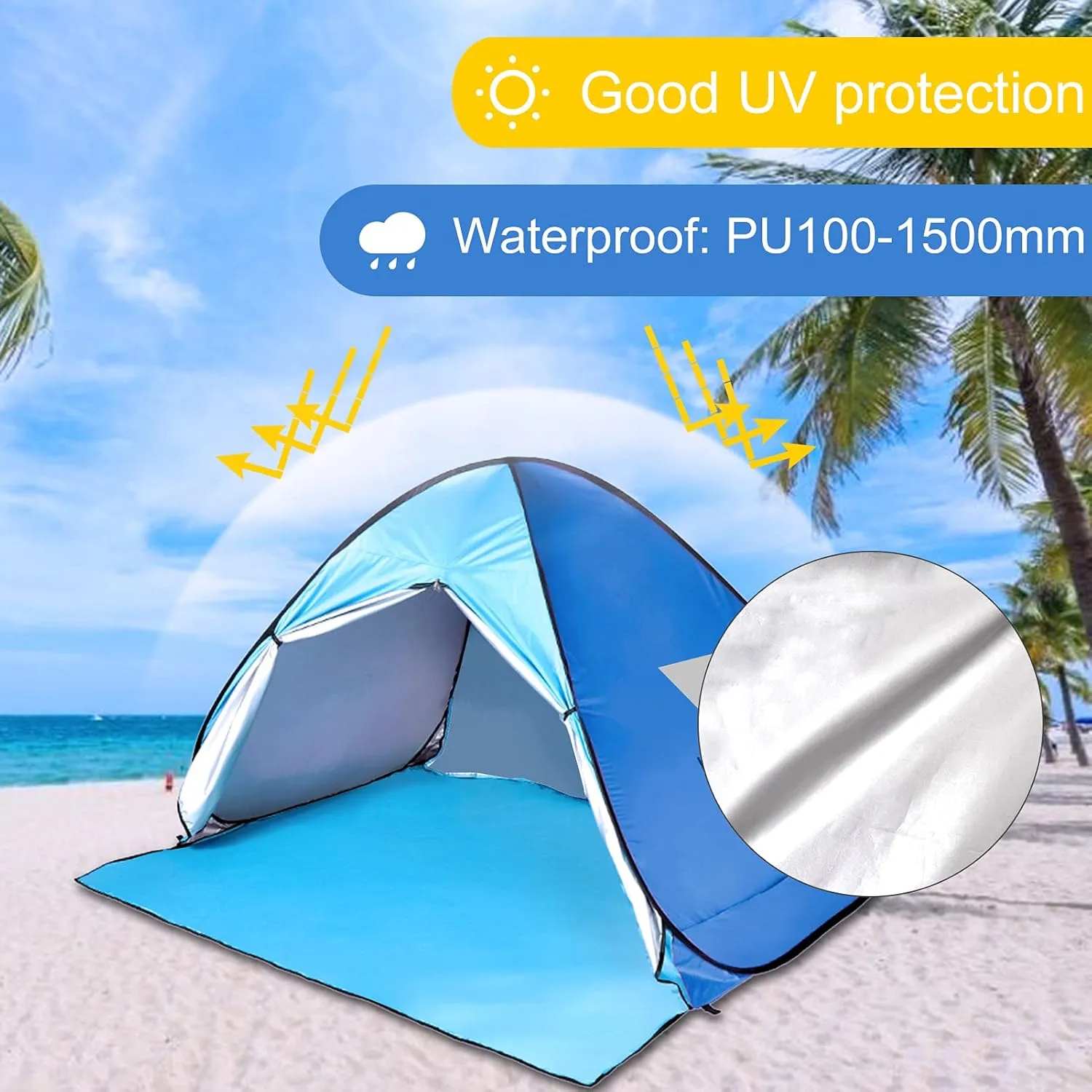 3-4 Person Quick Automatic Opening Beach Tent Sun shelter UV-Protective Tent Shade Lightwight pop up Open for Outdoor Camping Fishing with Curtain (XL)
