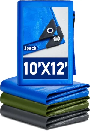3 Pcs Large Waterproof Tarp 10 x 12 ft Heavy Duty 5.5 Mil Thick Poly Tarpaulin with Grommets Multipurpose Protective Cover for Summer Home Boats Cars Camping RV Pool Tent