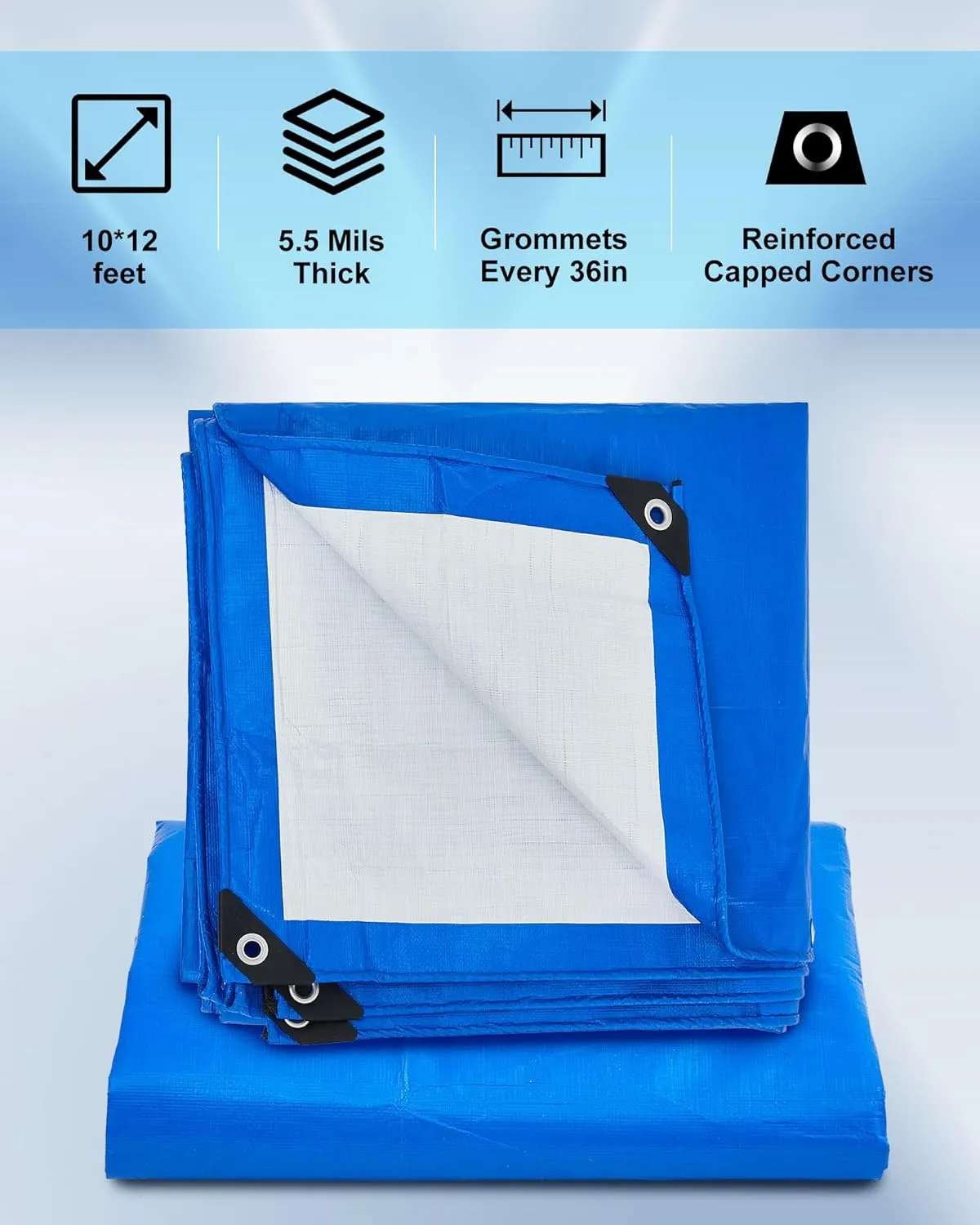 3 Pcs Large Waterproof Tarp 10 x 12 ft Heavy Duty 5.5 Mil Thick Poly Tarpaulin with Grommets Multipurpose Protective Cover for Summer Home Boats Cars Camping RV Pool Tent