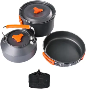 3 Pieces Camping Cooking Set with Storage Bag Folding Handle Pot Pan Kettle Camping Cookware Mess Kit Cookset for Family BBQ