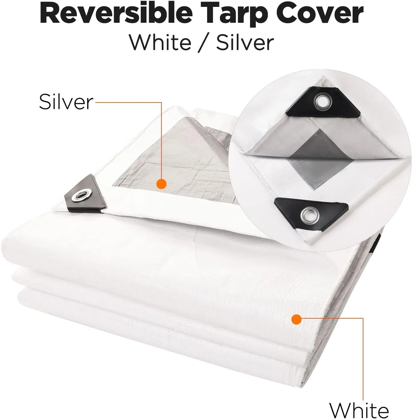 [30'X40'] RSW Heavy Duty Waterproof 8 Mil. Reversible (White/Silver) Tarp Cover, UV Resistant, Rip and Tear Proof Tarpaulin with Reinforced Edges - for Roof, Camping, Patio, Pool Cover, Boat