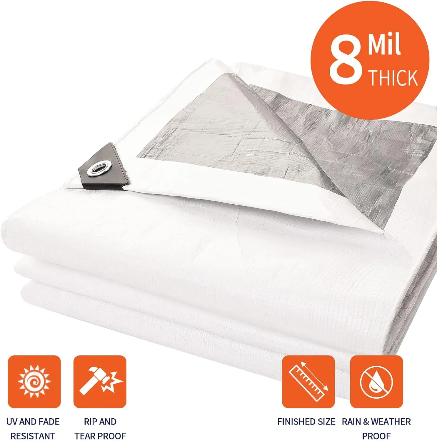 [30'X40'] RSW Heavy Duty Waterproof 8 Mil. Reversible (White/Silver) Tarp Cover, UV Resistant, Rip and Tear Proof Tarpaulin with Reinforced Edges - for Roof, Camping, Patio, Pool Cover, Boat