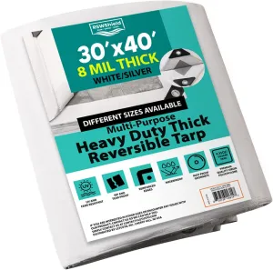 [30'X40'] RSW Heavy Duty Waterproof 8 Mil. Reversible (White/Silver) Tarp Cover, UV Resistant, Rip and Tear Proof Tarpaulin with Reinforced Edges - for Roof, Camping, Patio, Pool Cover, Boat