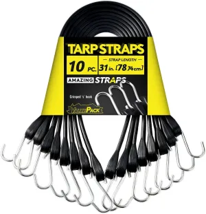 31'' Rubber Bungee Cords Heavy Duty Outdoor with 55.8" Max Stretch & Over 176 lbs Load, 100% EPDM Black Bungee Straps with Crimped S Hooks for Cargo, Tarps, Truck, Motorcycle, Weatherproof (10 Pack)