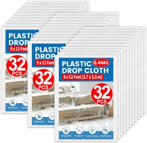 32 Pieces Drop Cloth for Painting, 9 x 12 Feet Plastic Sheeting, Painters Tarp, Waterproof Covers for Furniture, Dustproof