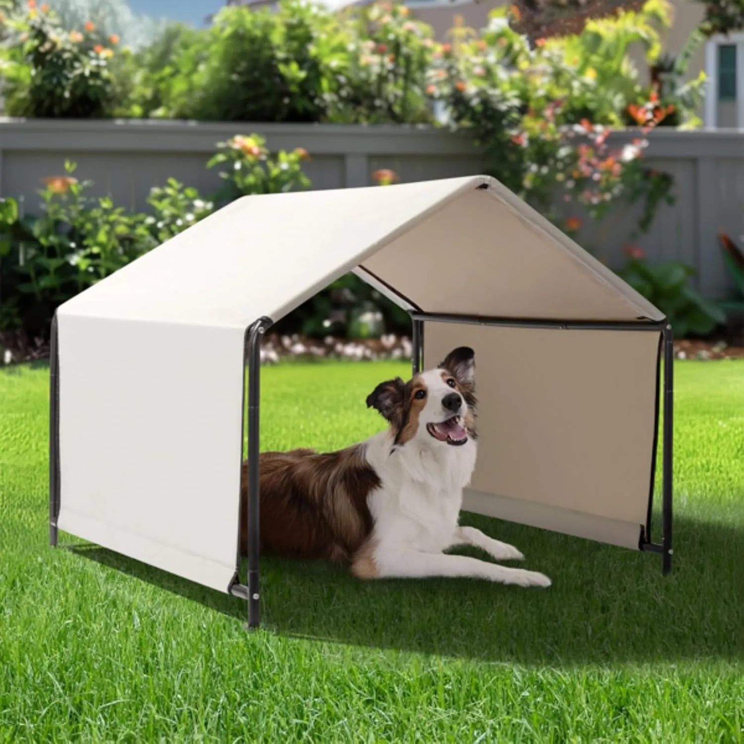 4 * 4 * 3.3FT Cat and Dog Tent, Black Iron Tube PVC Coated Polyester Tarpaulin Waterproof and UV-Proof Off-White Pet Tent Tarpaulin Bottom Sewing Top Velcro