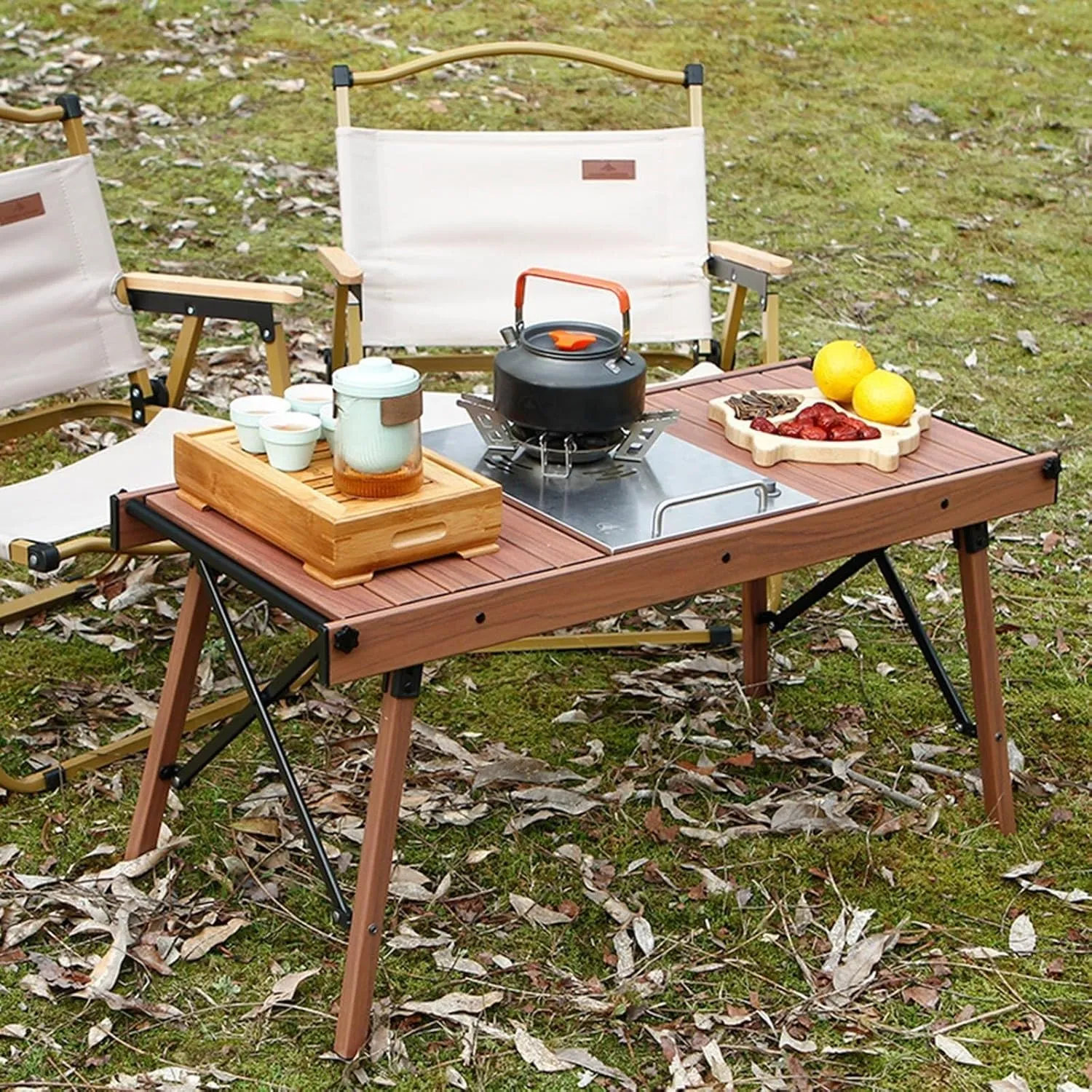 4-6 People Camping Table, Roll-Up Lightweight Picnic Table, Portable Folding Table for Hiking, Backpacking, Fishing & Outdoor Use (Black)(Beige)