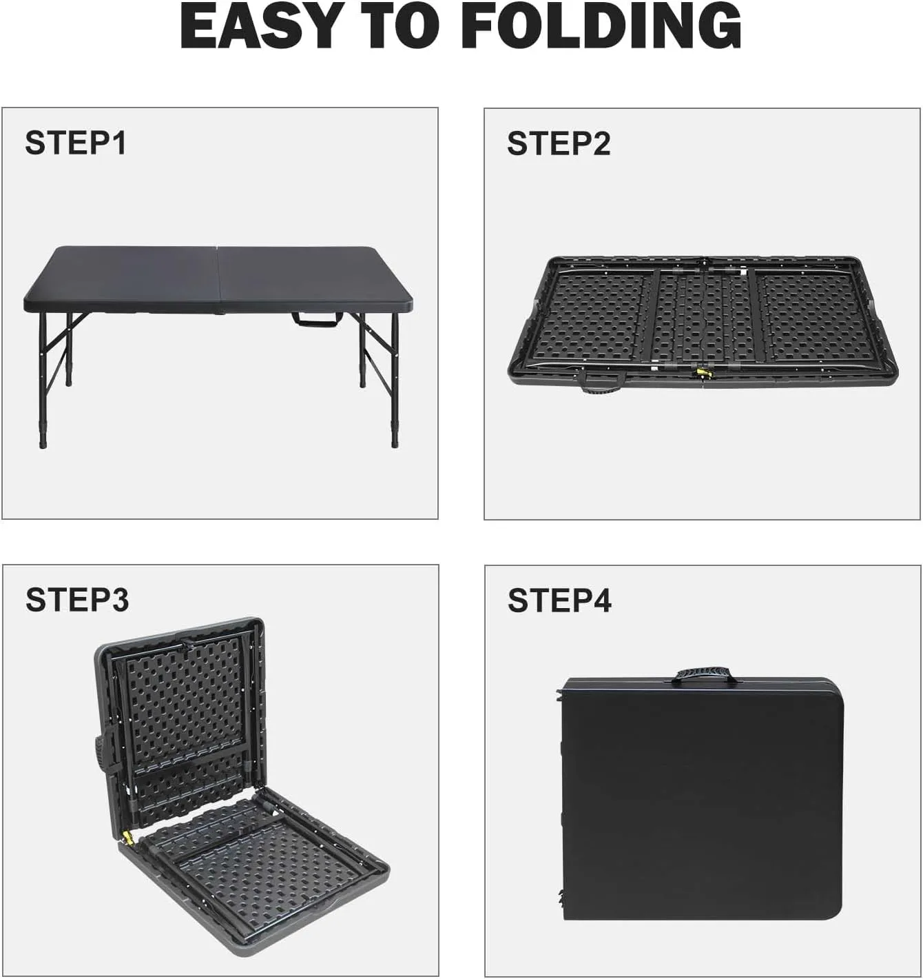 4 Foot Portable Folding Table Adjustable Height Lightweight Indoor Outdoor Picnic Beach Camping Dining Fold Out Table, Iron Utility Table Folding Desk with Carry Handle (Black, 4ft)