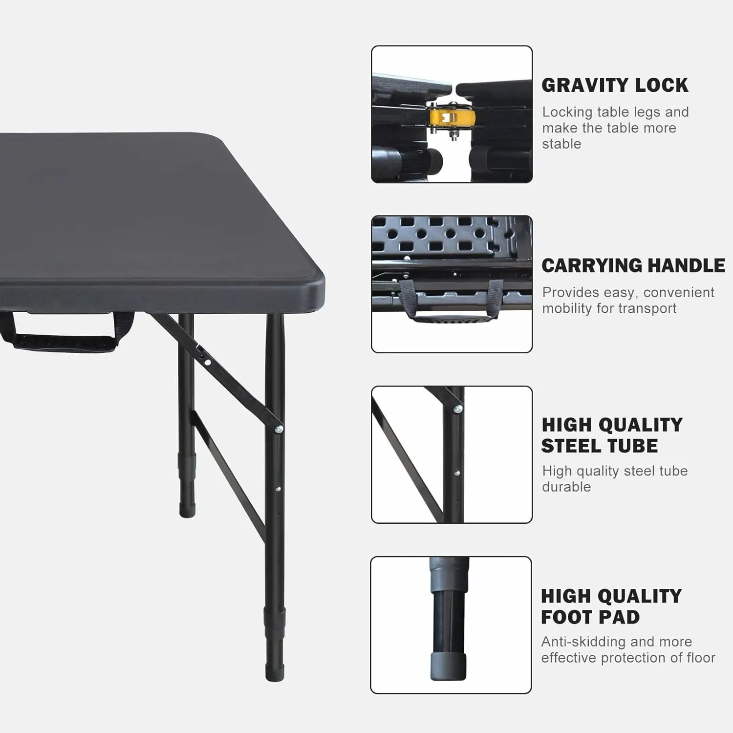 4 Foot Portable Folding Table Adjustable Height Lightweight Indoor Outdoor Picnic Beach Camping Dining Fold Out Table, Iron Utility Table Folding Desk with Carry Handle (Black, 4ft)