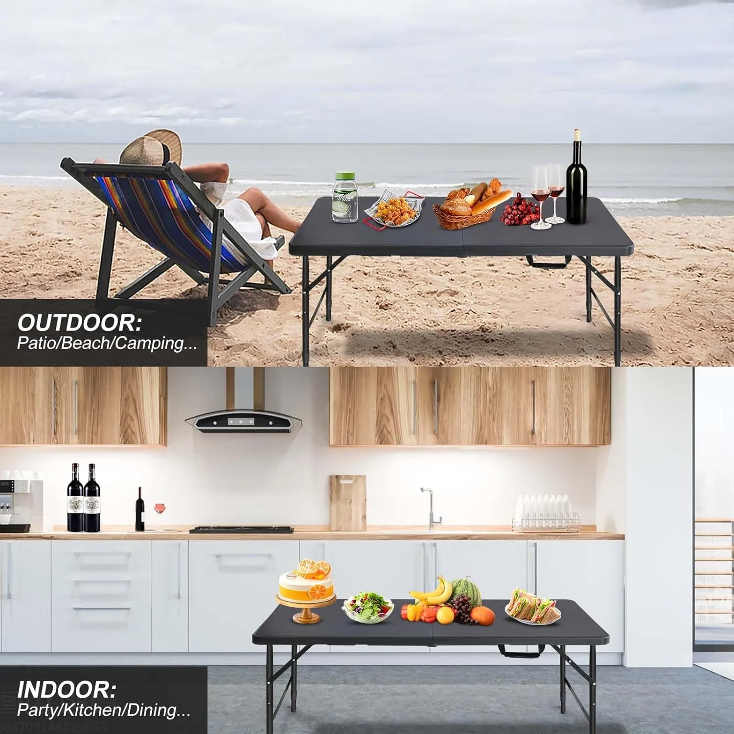 4 Foot Portable Folding Table Adjustable Height Lightweight Indoor Outdoor Picnic Beach Camping Dining Fold Out Table, Iron Utility Table Folding Desk with Carry Handle (Black, 4ft)