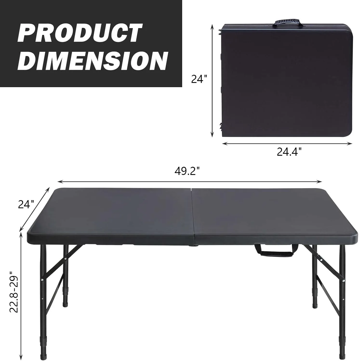 4 Foot Portable Folding Table Adjustable Height Lightweight Indoor Outdoor Picnic Beach Camping Dining Fold Out Table, Iron Utility Table Folding Desk with Carry Handle (Black, 4ft)