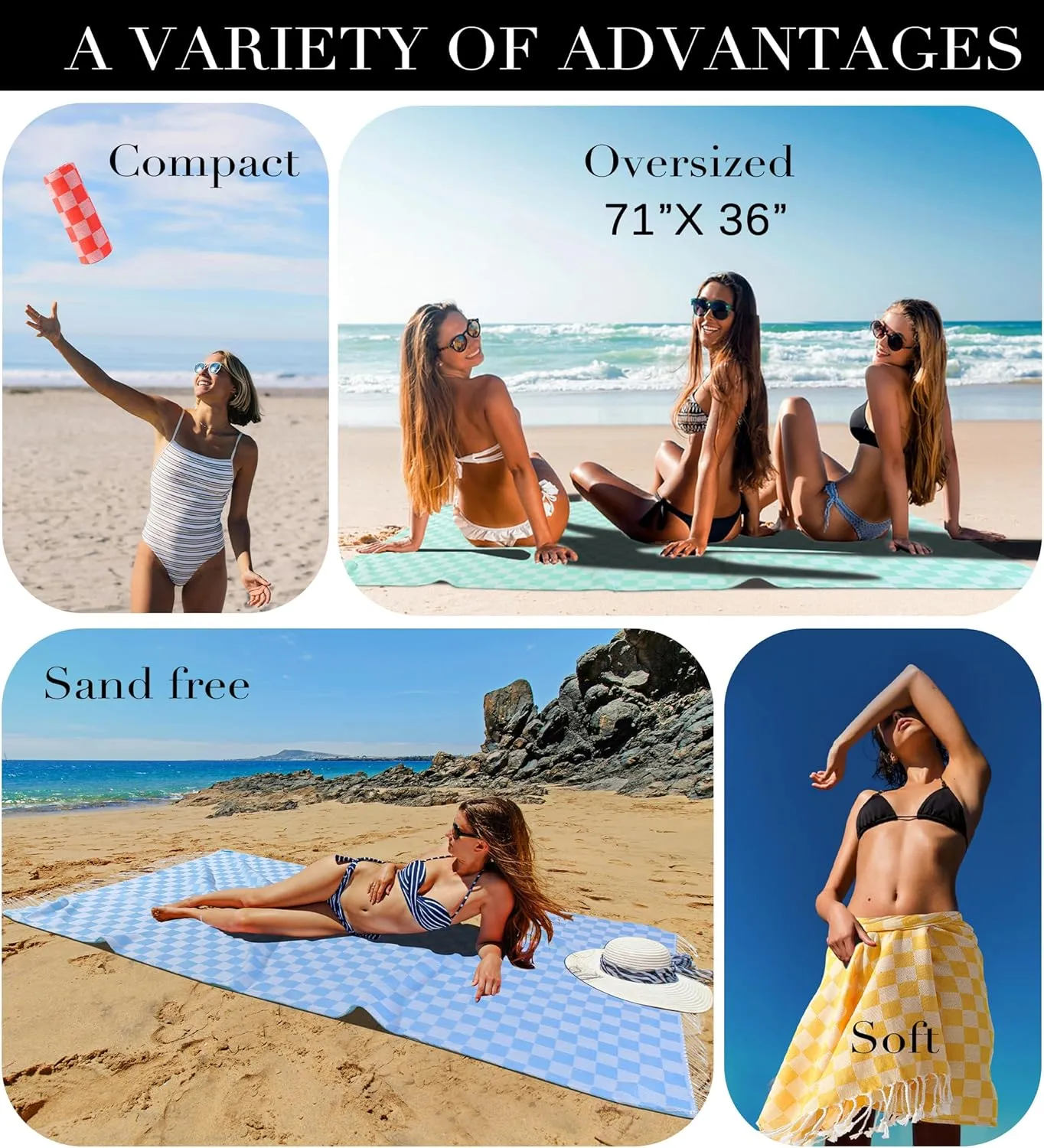 4 Packs Checkered Plaid Turkish Beach Towel Beach Blanket Sandproof Fast Drying Extra Large Match Tote Bag Lounge Chair Umbrella Tent Dress Toys Ball Canopy Outfits Dresses Shirt Cooler Packpack Table