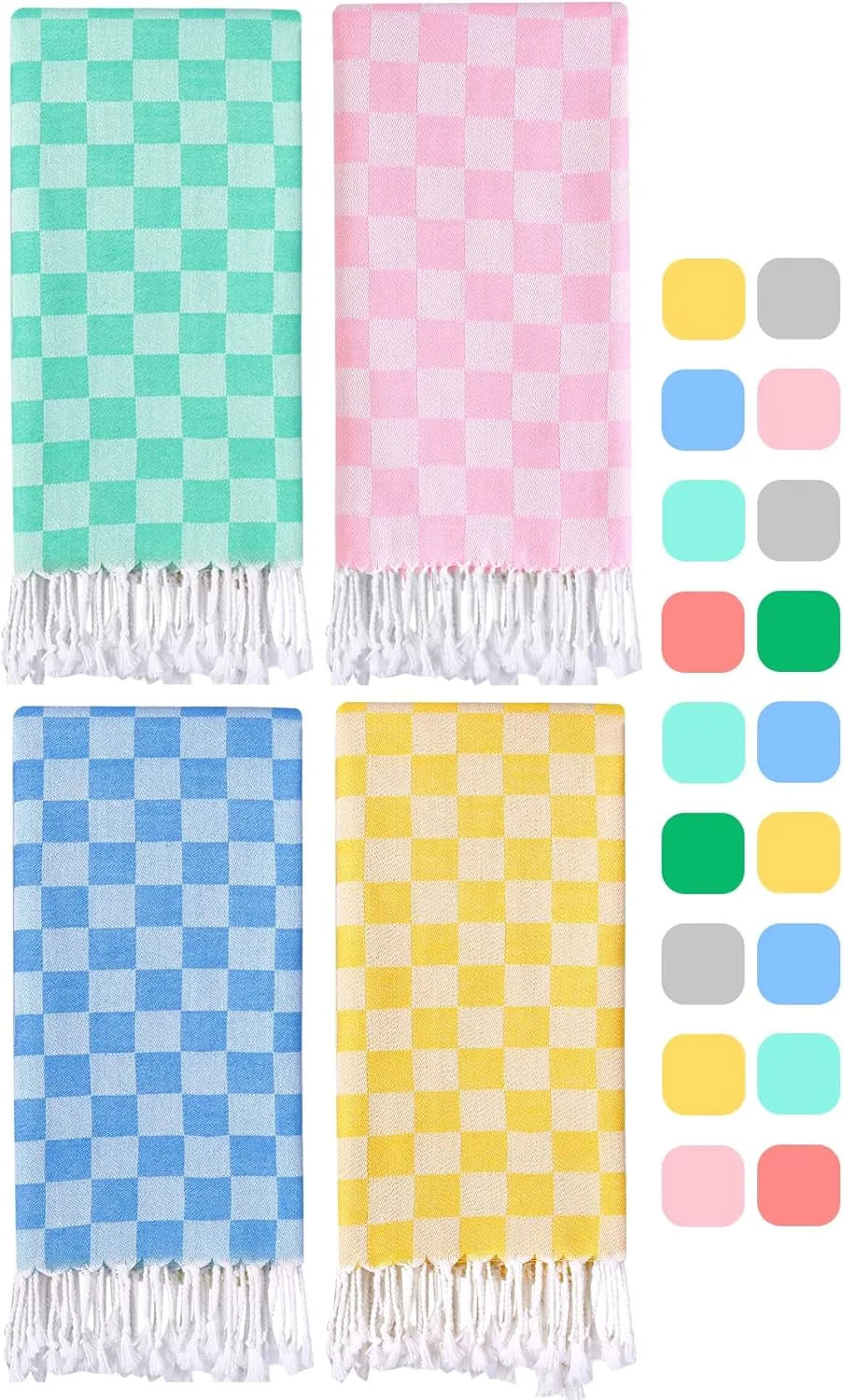 4 Packs Checkered Plaid Turkish Beach Towel Beach Blanket Sandproof Fast Drying Extra Large Match Tote Bag Lounge Chair Umbrella Tent Dress Toys Ball Canopy Outfits Dresses Shirt Cooler Packpack Table