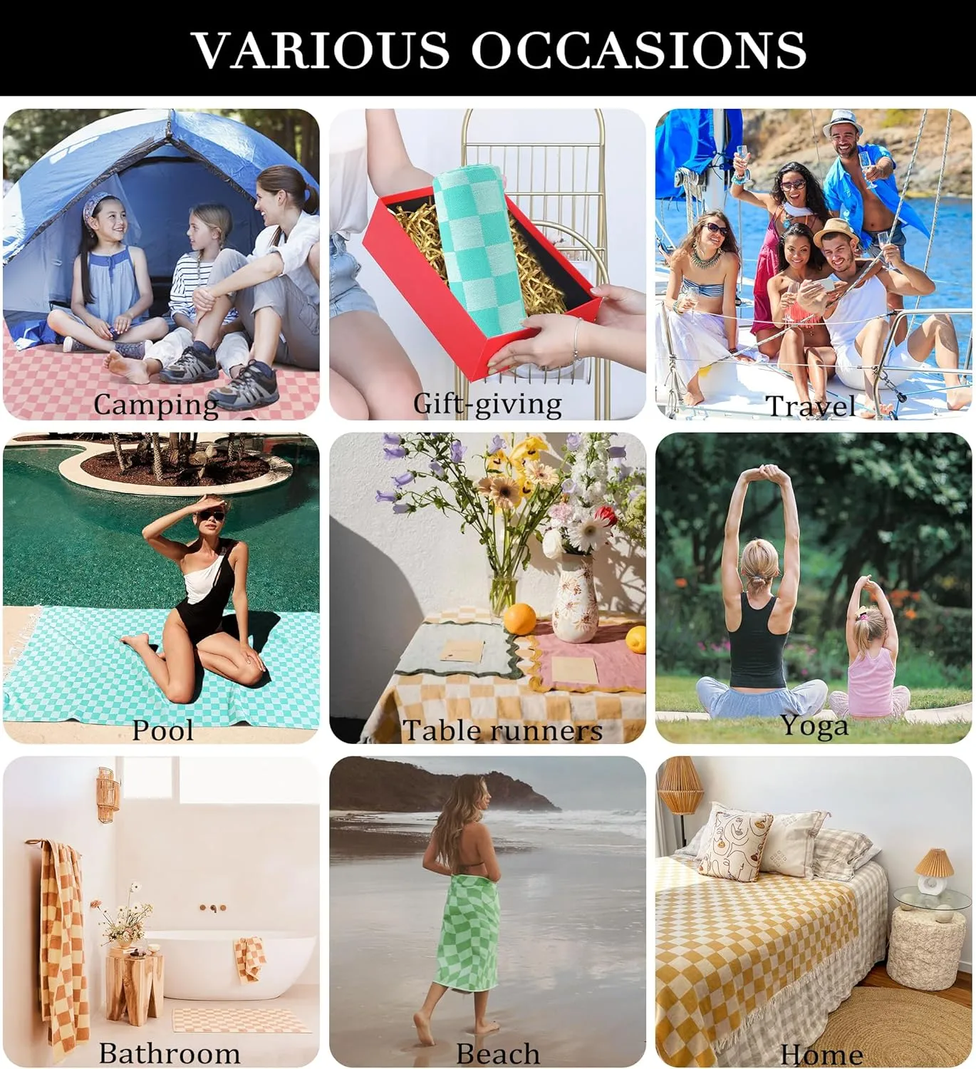 4 Packs Checkered Plaid Turkish Beach Towel Beach Blanket Sandproof Fast Drying Extra Large Match Tote Bag Lounge Chair Umbrella Tent Dress Toys Ball Canopy Outfits Dresses Shirt Cooler Packpack Table