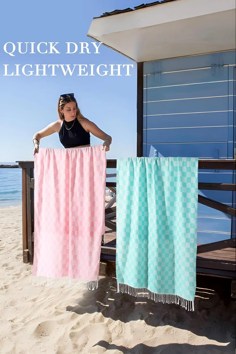 4 Packs Checkered Plaid Turkish Beach Towel Beach Blanket Sandproof Fast Drying Extra Large Match Tote Bag Lounge Chair Umbrella Tent Dress Toys Ball Canopy Outfits Dresses Shirt Cooler Packpack Table
