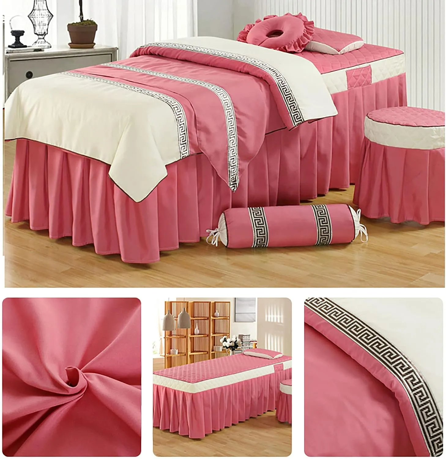 4-Piece Massage Table Sheet Set,Cotton Living Room Beauty Bed Cover Solid Color Stain-Resistant Massage Table Skirt Includes Pad and Face Rest Cover-Bean Paste-a 180x70cm(71x28inch)