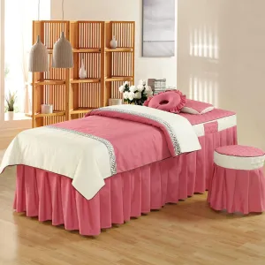 4-Piece Massage Table Sheet Set,Cotton Living Room Beauty Bed Cover Solid Color Stain-Resistant Massage Table Skirt Includes Pad and Face Rest Cover-Bean Paste-a 180x70cm(71x28inch)