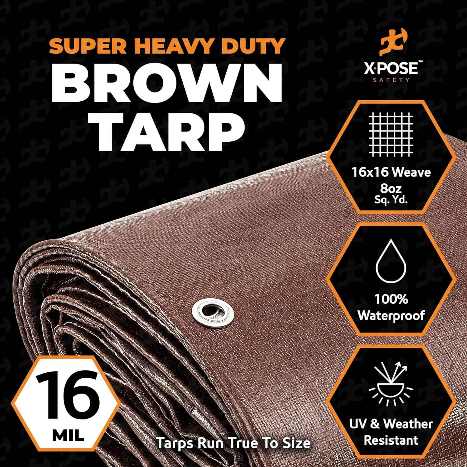 4' x 20' Super Heavy Duty 16 Mil Brown Poly Tarp Cover - Thick Waterproof, UV Resistant, Rip and Tear Proof Tarpaulin with Grommets and Reinforced Edges - by Xpose Safety