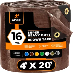 4' x 20' Super Heavy Duty 16 Mil Brown Poly Tarp Cover - Thick Waterproof, UV Resistant, Rip and Tear Proof Tarpaulin with Grommets and Reinforced Edges - by Xpose Safety
